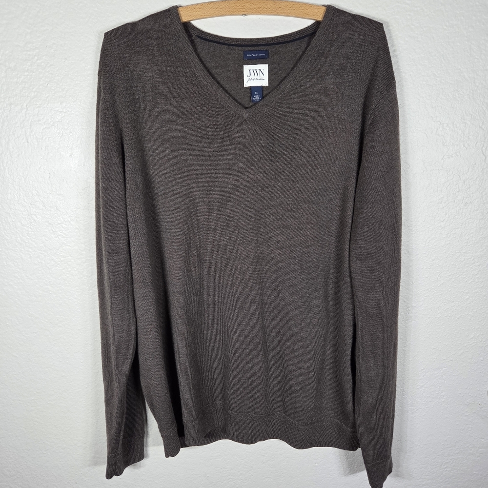 John W Nordstrom Sweater Mens‎ XL Brown Merino Wool V-Neck Pullover Italy